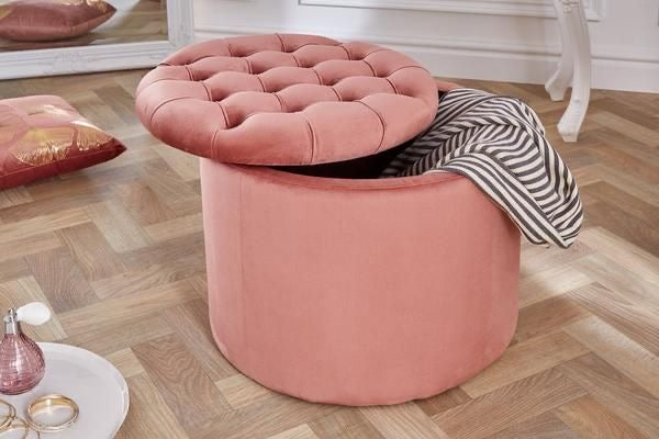 Baroque Tufted Lid Round Ottoman Storage Pink