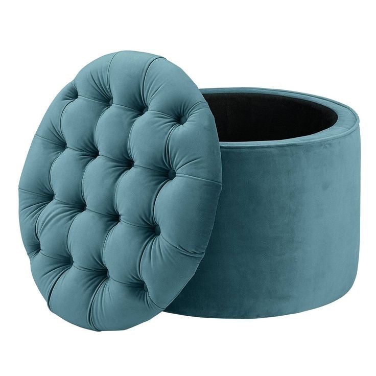 Baroque Tufted Lid Round Ottoman Storage Teal
