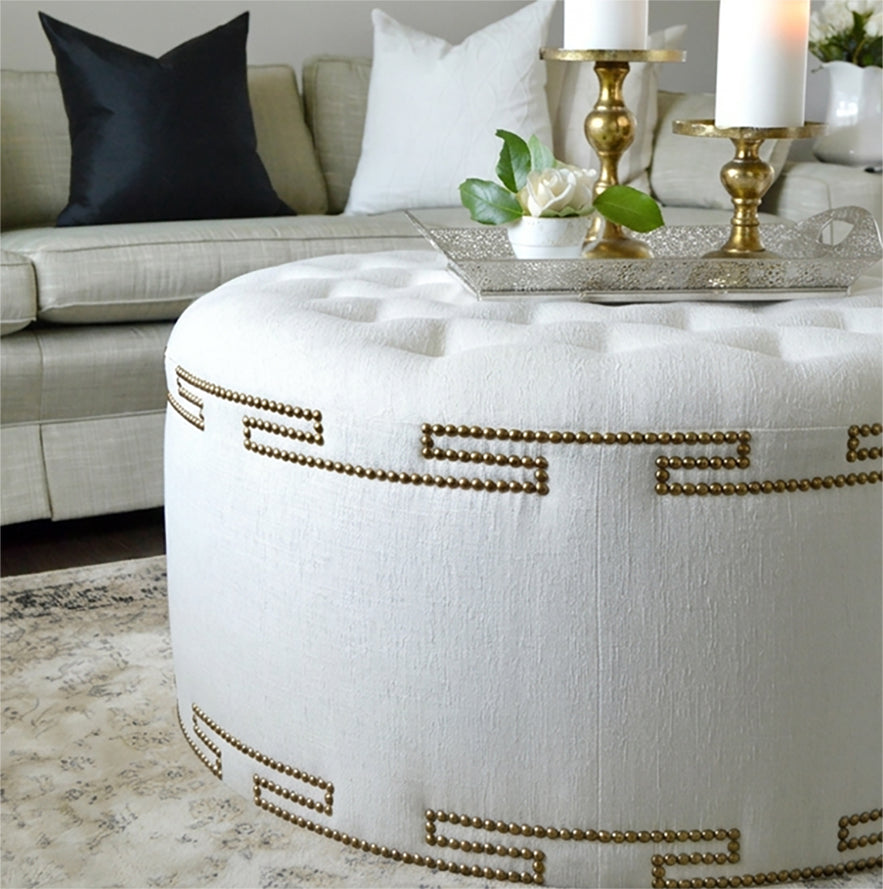 Ananke Linen Greek Key Tufted Ottoman Coffee Table