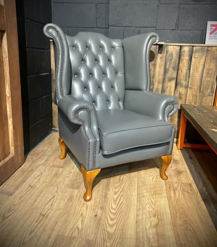 Chesterfield High Back Wing Chair Grey Leather