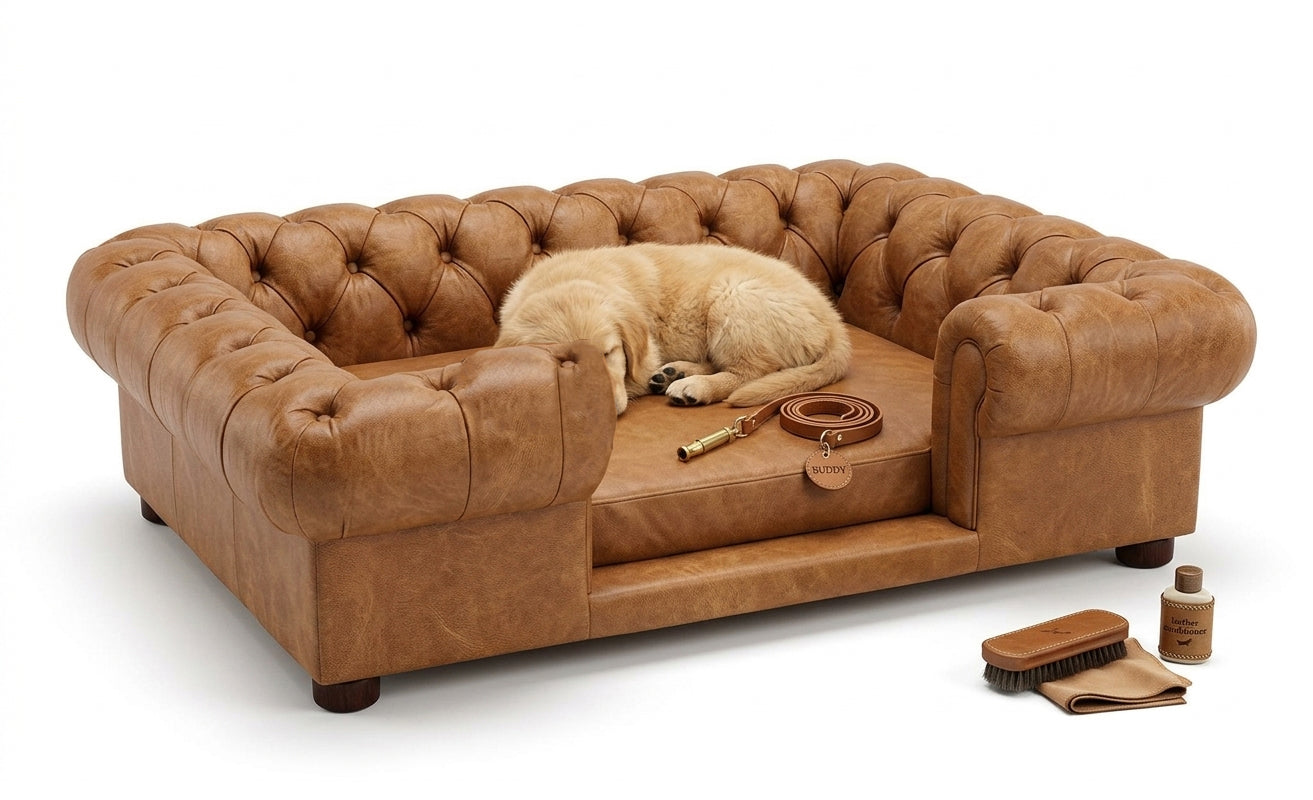 Lincoln Dog Bed Brown Leather - Light