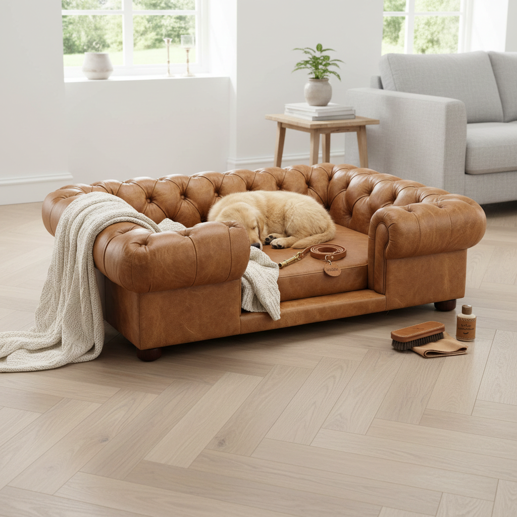 Lincoln Dog Bed Brown Leather - Light