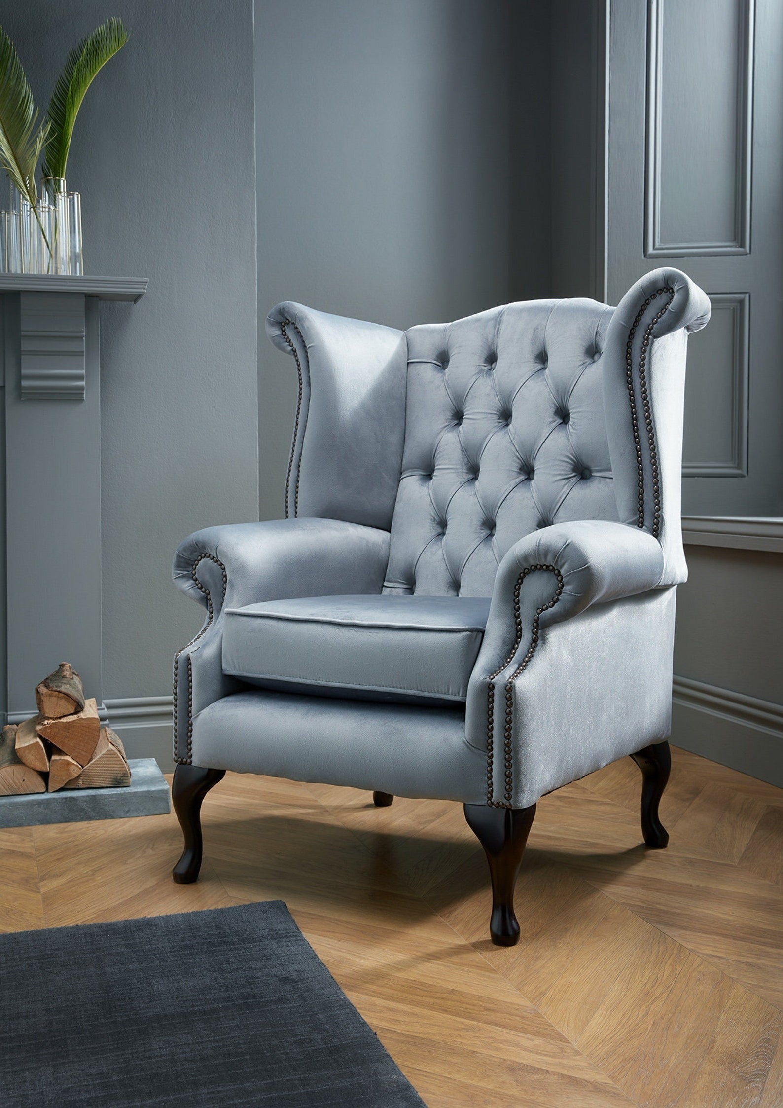 Chesterfield High Back Wing Chair Grey Velvet