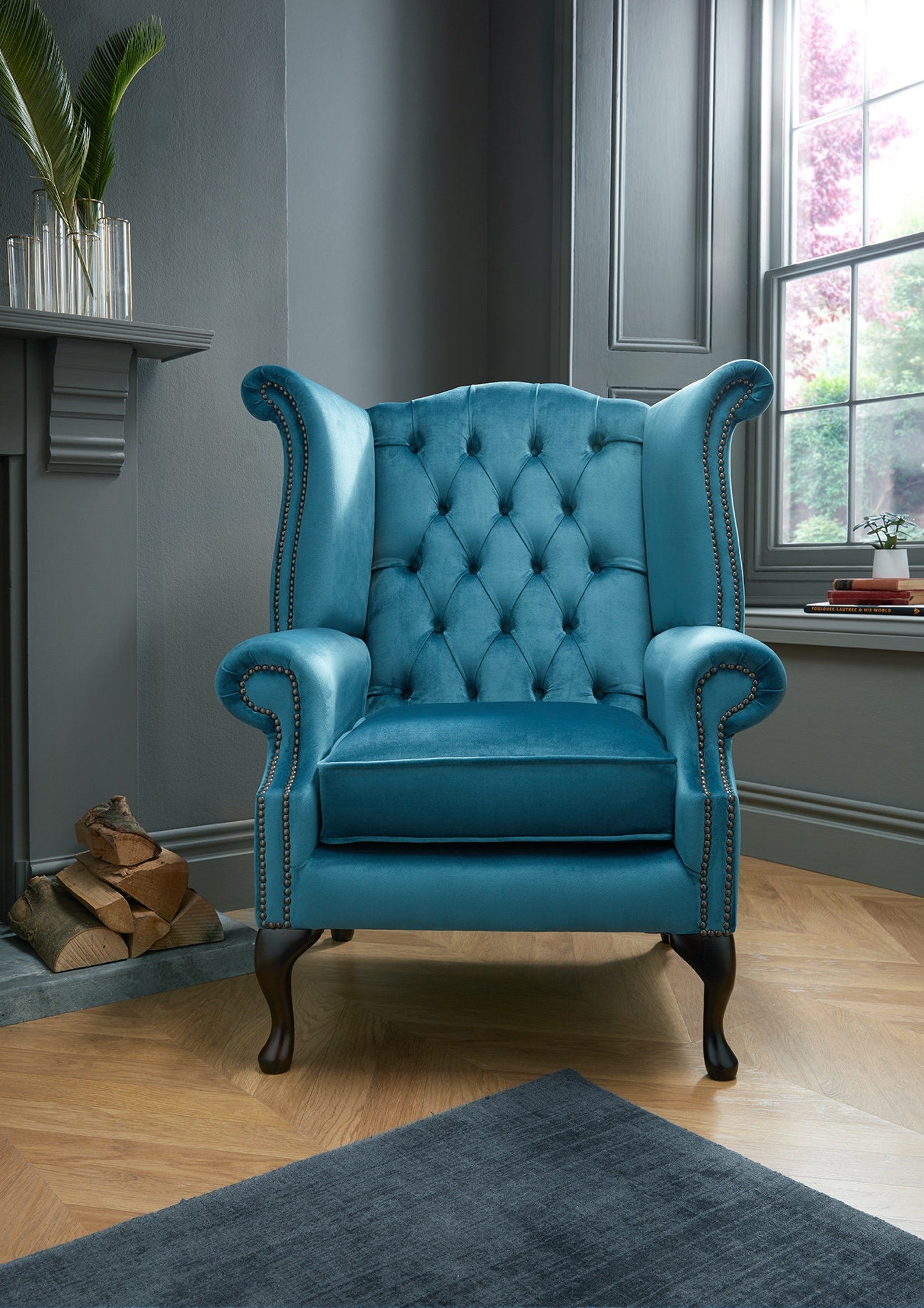 Chesterfield High Back Wing Chair in Teal Velvet
